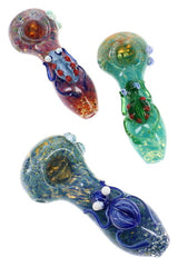 Three silver fumed frit glass spoon pipes with colorful critter accents and rounded bowls