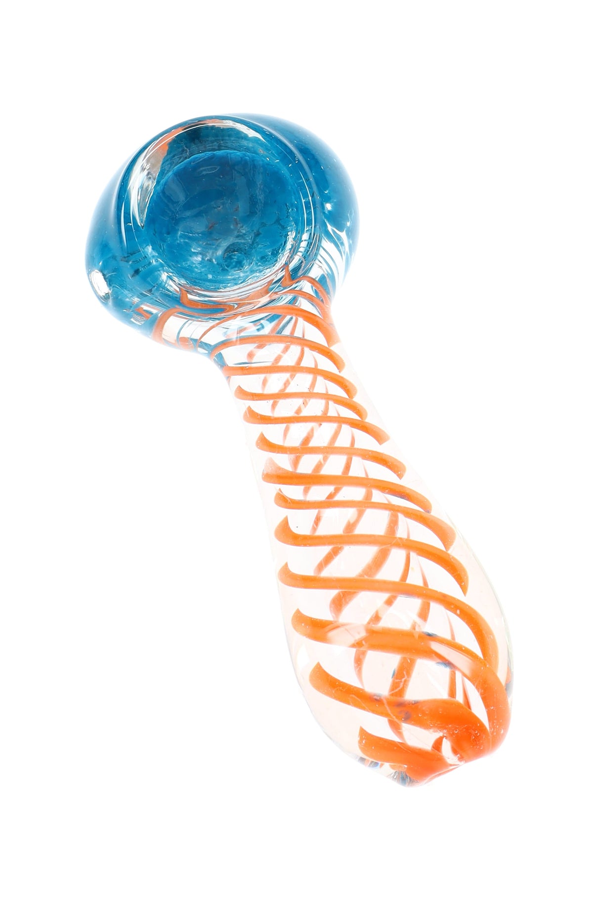 Angled view of clear 3½″ spiral frit spoon pipe with blue bowl top and orange spiral coil accent