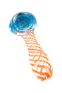Angled view of clear 3½″ spiral frit spoon pipe with blue bowl top and orange spiral coil accent