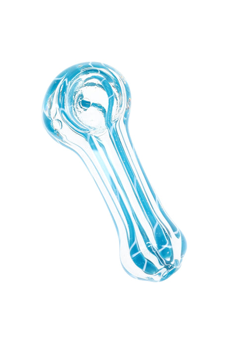 Small clear striped glass spoon pipe with blue accents, compact 3-inch hand pipe resting on a clean white background.