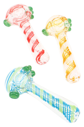 4 inch clear spiral striped glass hand pipe with green marble grips and assorted red, yellow and blue swirl designs on white background