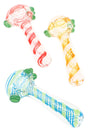 4 inch clear spiral striped glass hand pipe with green marble grips and assorted red, yellow and blue swirl designs on white background