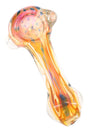 Gold fumed glass spoon pipe with orange and pink color-changing stripes, dot accents, and thick bowl