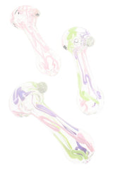 Three assorted clear glass hand pipes with pink, green, and purple neon squiggle stripe accents