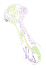 Clear glass spoon pipe with pastel neon squiggle stripes, rounded bowl, and compact 4″ hand pipe shape