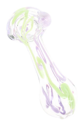 Clear glass spoon pipe with pastel neon squiggle stripes, rounded bowl, and compact 4″ hand pipe shape