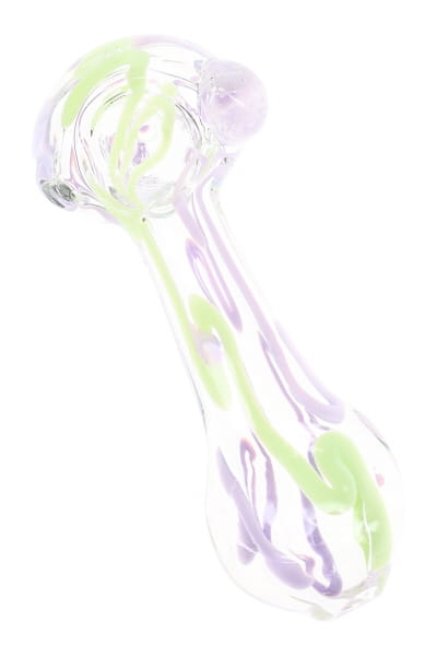 Clear glass spoon pipe with pastel neon squiggle stripes, rounded bowl, and compact 4″ hand pipe shape
