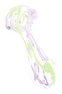 Clear glass spoon pipe with pastel neon squiggle stripes, rounded bowl, and compact 4″ hand pipe shape