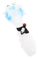 Empire Glassworks glass hand pipe with frosty white body, aqua bowl, and sculpted penguin accents