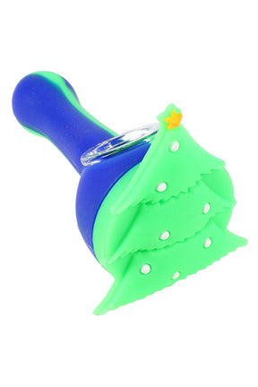 Blue and green silicone pipe with Christmas tree cap and clear glass bowl, pocket-friendly spoon shape.