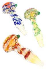 Assorted color-changing striped glass hand pipes with spiral wrap accents in blue, green, and amber designs