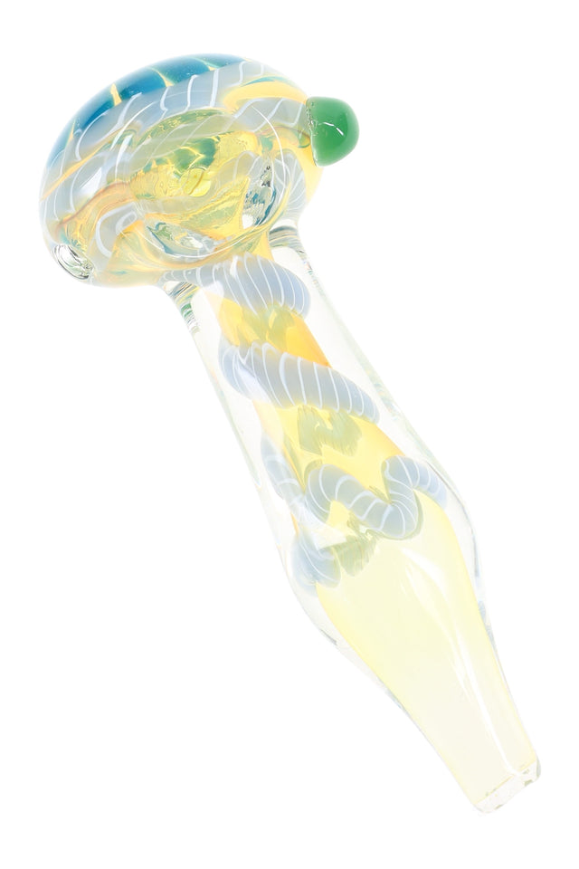 Color-changing striped glass hand pipe with pale yellow body, teal top band, and green accent nub on bowl