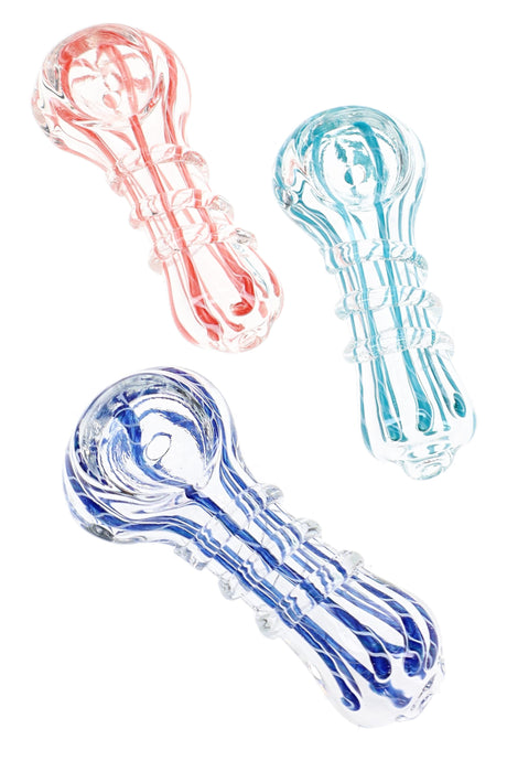 Assorted 2½″ colorful striped glass spoon pipes with compact bowls and glass coil features