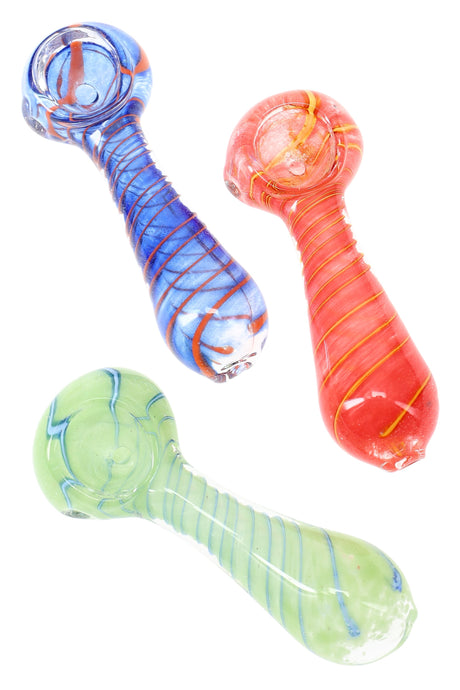 Trio of 3.5-inch spiral-striped frit glass spoon pipes in assorted blue, red, and green hues displayed on white backdrop