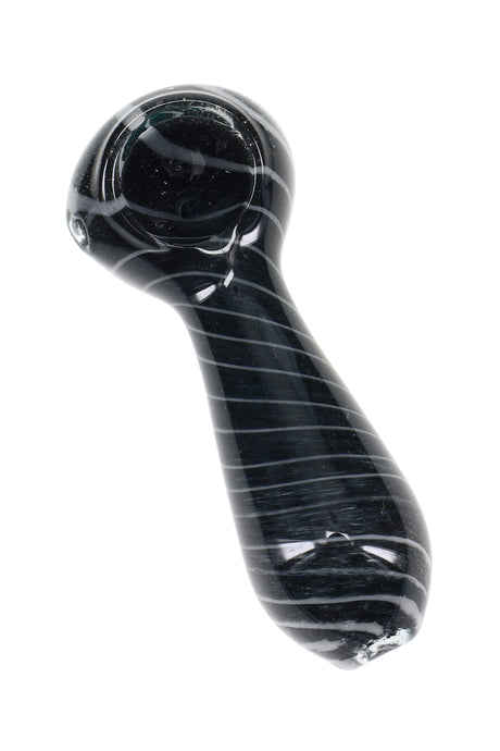 Black frit glass spoon pipe with gray spiral stripes and rounded bowl, pocket-size 3.5″ style