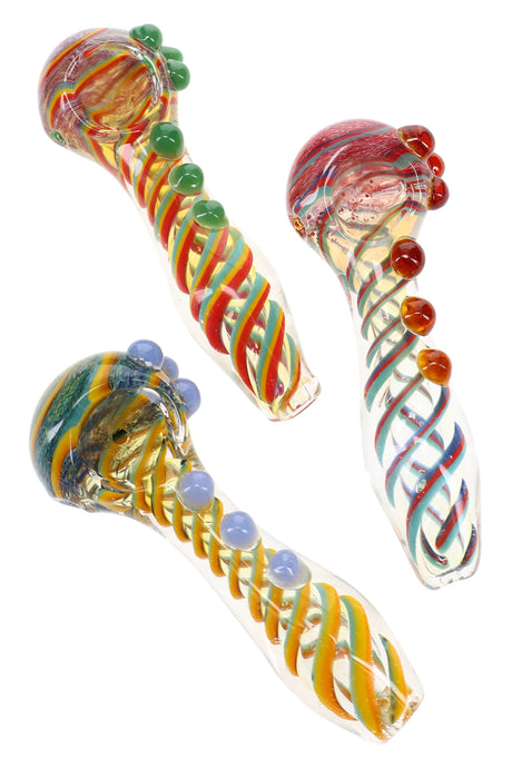 Assorted 4½″ color-changing frit glass spoon pipes with spiral stripes and raised marble grips