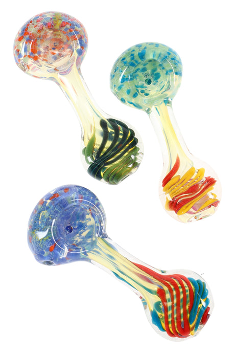 Clear 3.5-inch silver-fumed glass spoon pipe with color-changing frit bowl and multicolor stripe wraps, deep chamber and side carb visible on white background.