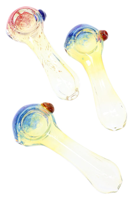Three 3.5-inch color-changing frit glass hand pipes displayed flat, each featuring blue, red, and amber accents on a white backdrop