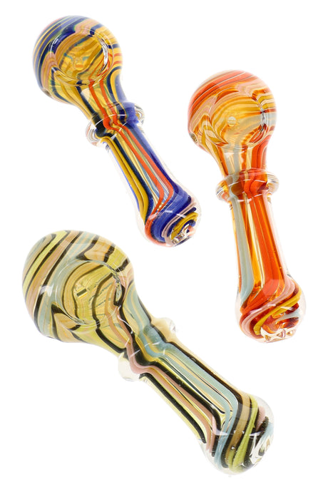 Assorted 4″ color-changing glass spoon pipes with striped ribbon accents and decorative ring details