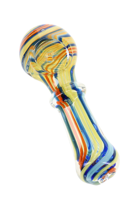 4″ color-changing glass spoon pipe with blue, yellow, and orange stripes plus decorative glass ring