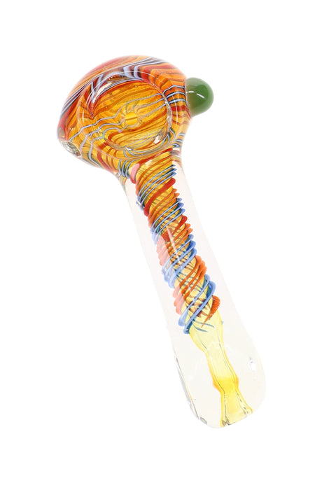 Color-changing striped glass spoon pipe with square mouthpiece shown from an angled side view