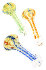 Assorted small color-changing striped glass hand pipes with blue, orange, and green wrap designs, three shown on white