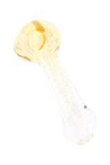Small color-changing striped glass hand pipe with amber bowl and green-blue wrap accents, clear stem on white
