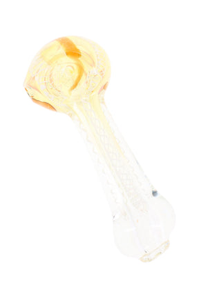 Small color-changing striped glass hand pipe with amber bowl and green-blue wrap accents, clear stem on white