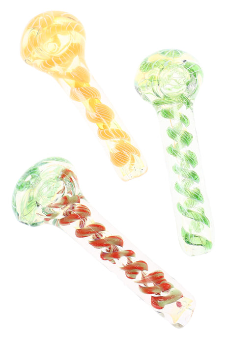 Assorted 3½″ color-changing glass spoon pipes with multicolor spiral stripes and marble accents