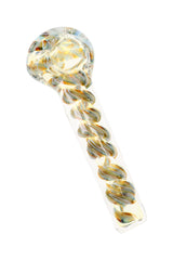 Small striped color-changing glass spoon pipe with orange and white accents shown from an angle