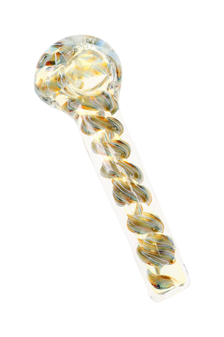 Small striped color-changing glass spoon pipe with orange and white accents shown from an angle