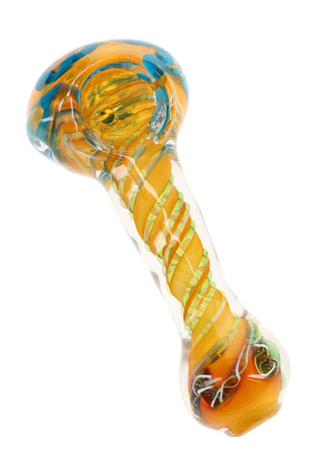 4″ gold fumed color-changing spoon pipe with bright striped accents and warm amber glass body