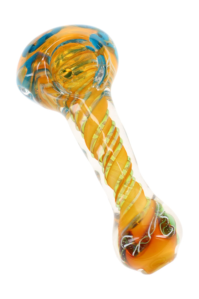 4″ gold fumed color-changing spoon pipe with bright striped accents and warm amber glass body