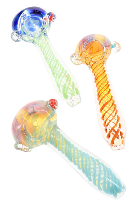 Assorted 4″ silver fumed glass spoon pipes with spiral stripes and decorative flower marble accents