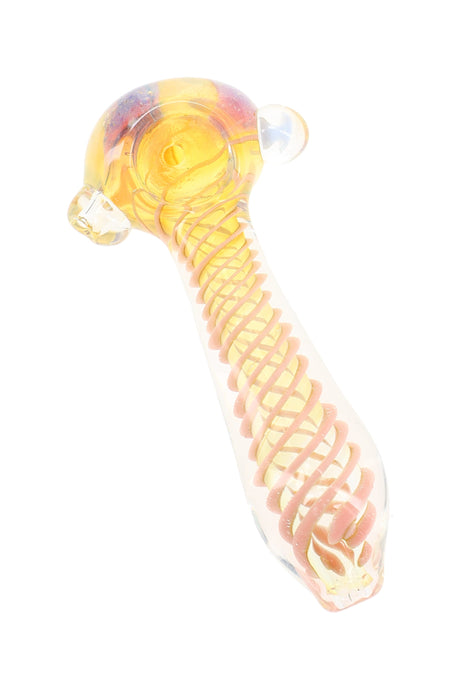 4″ silver fumed spoon pipe with pink spiral stripe handle and clear flower marble accents