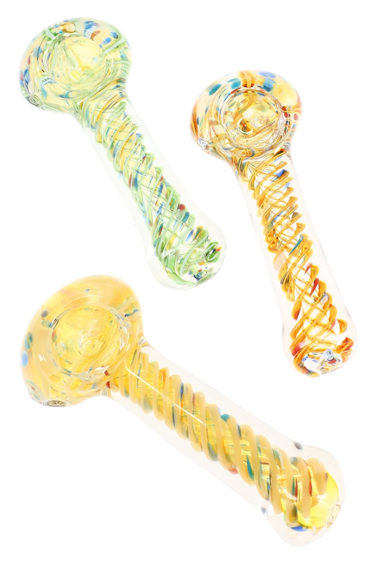 Assorted color-changing spiral striped glass hand pipes with multicolor coil wraps in green, orange, and yellow designs