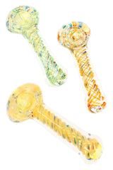 Assorted color-changing spiral striped glass hand pipes with multicolor coil wraps in green, orange, and yellow designs
