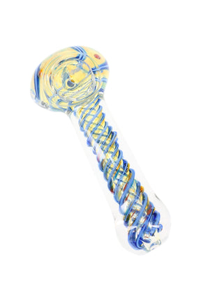 Color-changing frit spiral striped glass hand pipe with blue coil wrap and amber bowl, compact spoon shape on white