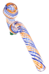 Orange and blue 8″ swirl ribbon Sherlock glass pipe with curved neck, rounded bowl, and green glass feet