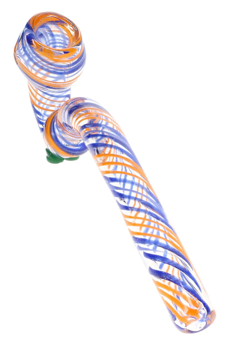Orange and blue 8″ swirl ribbon Sherlock glass pipe with curved neck, rounded bowl, and green glass feet