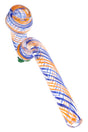 Orange and blue 8″ swirl ribbon Sherlock glass pipe with curved neck, rounded bowl, and green glass feet