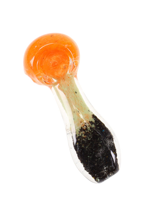 Frit glass hand pipe with bright orange bowl and black speckled mouth end, clear body on white background