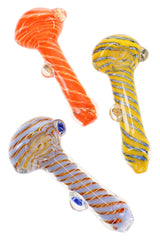 Assorted 4″ colorful frit glass spoon pipes with spiral stripes, rounded bowls, and decorative marbles