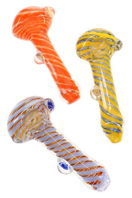 Assorted 4″ colorful frit glass spoon pipes with spiral stripes, rounded bowls, and decorative marbles