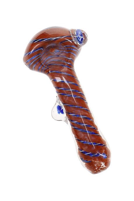 Brown 4″ frit glass spoon pipe with blue spiral stripe accents, rounded bowl, and clear marble grip
