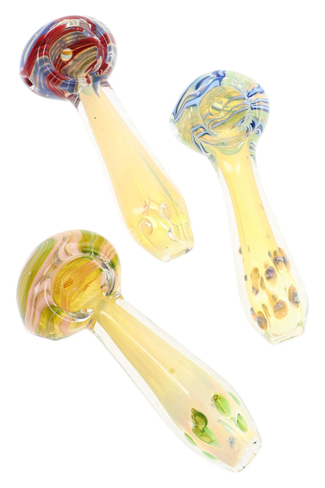 Assorted 3½″ color-changing glass spoon pipes with multicolor swirl bowls and marble accents
