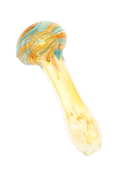 3½″ color-changing striped glass spoon pipe with teal amber swirl bowl and gold-toned handle