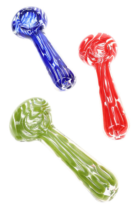 Assorted 5″ thick clear glass spoon pipes with colored stripes