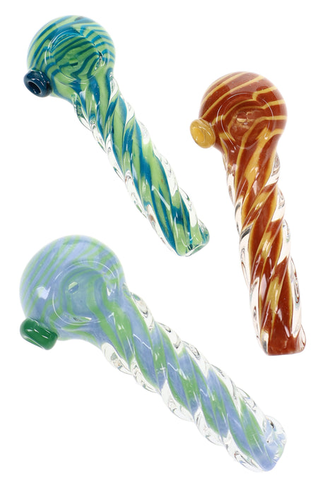 Assorted 4½″ glass spoon pipes with twisted bodies, colorful frit, and marble accents