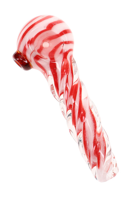4½″ spoon pipe with red striped bowl, twisted clear body, and amber side marble